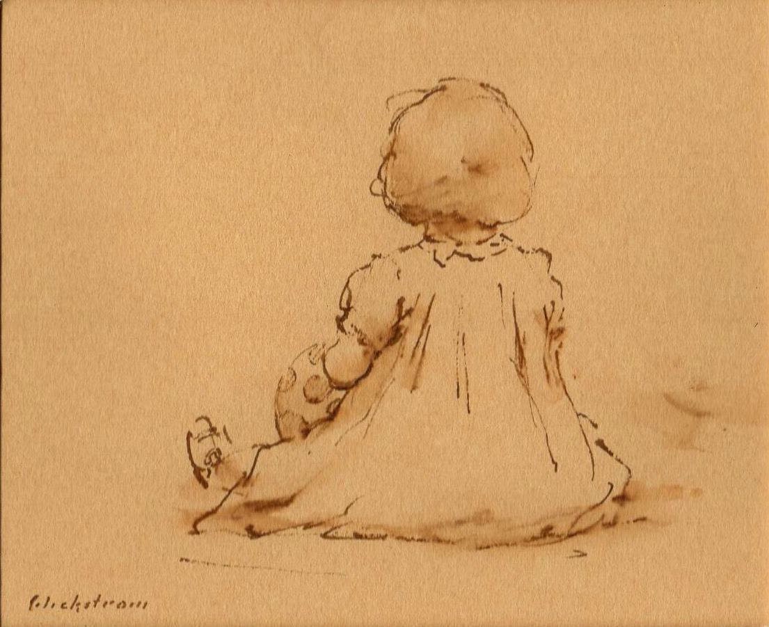 Petite Fille. Original Sepia Ink Drawing in a 7x9 Mat
