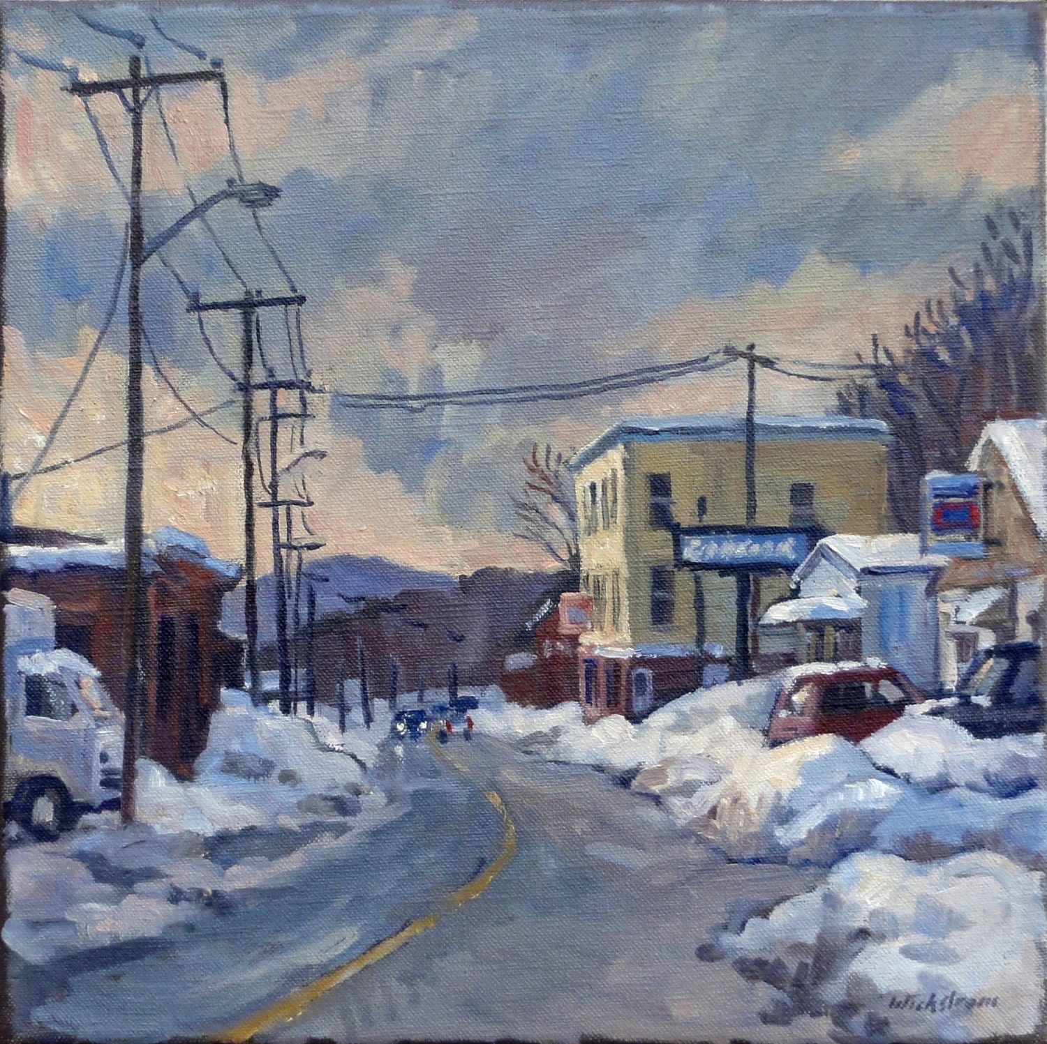Goodyear. Original Oil on Canvas, 12x12 American Urban Winter Landscape
