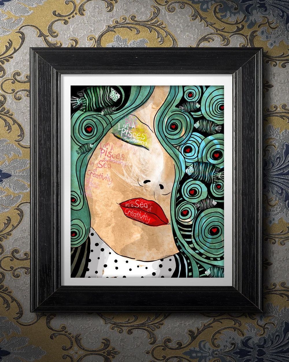 Pisces March Birthday Fish Teal Blue Swirls of Water original illustration ART Print Hand SIGNED size 8 x 10