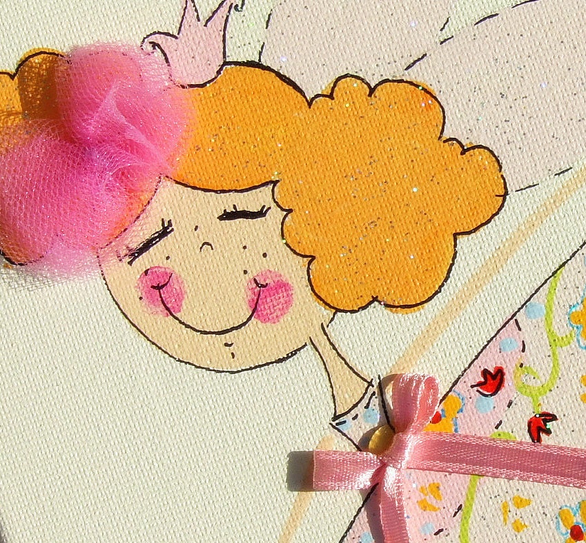 Pink Princess Fairies With Sparkling Wings - Girls Room Decor, Wall Art Canvas for kids - Personalized Name Sign