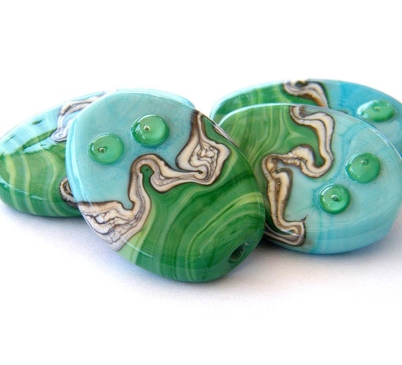 Handmade glass beads - 4 pressed Lampwork beads / pendants in turquoise, green and silvered ivory