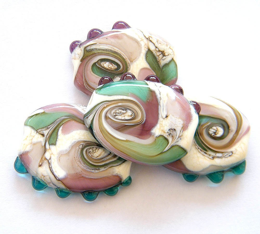 BINDU- 4 pressed Lampwork beads / pendants in ivory , violet and green-blue