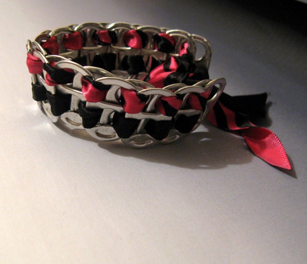 Recycled Soda Pop Can Tab Bracelet Black & Hot Pink Ribbon