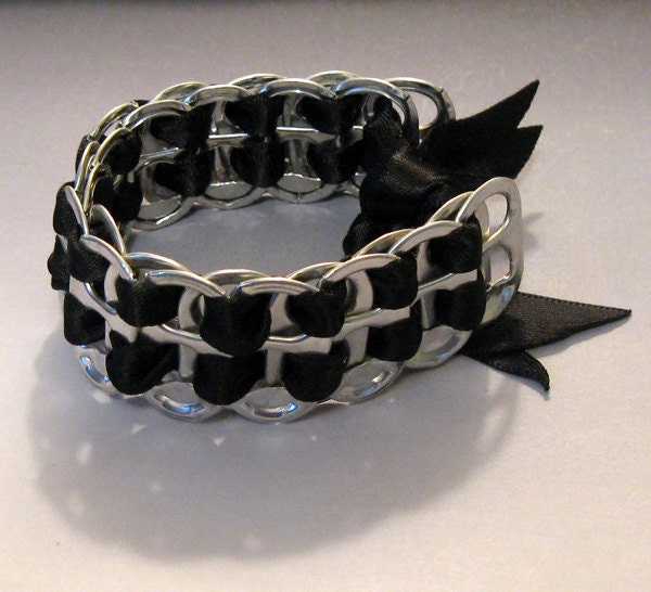 Soda Pop Can Tab Bracelet Recycled, Black Ribbon