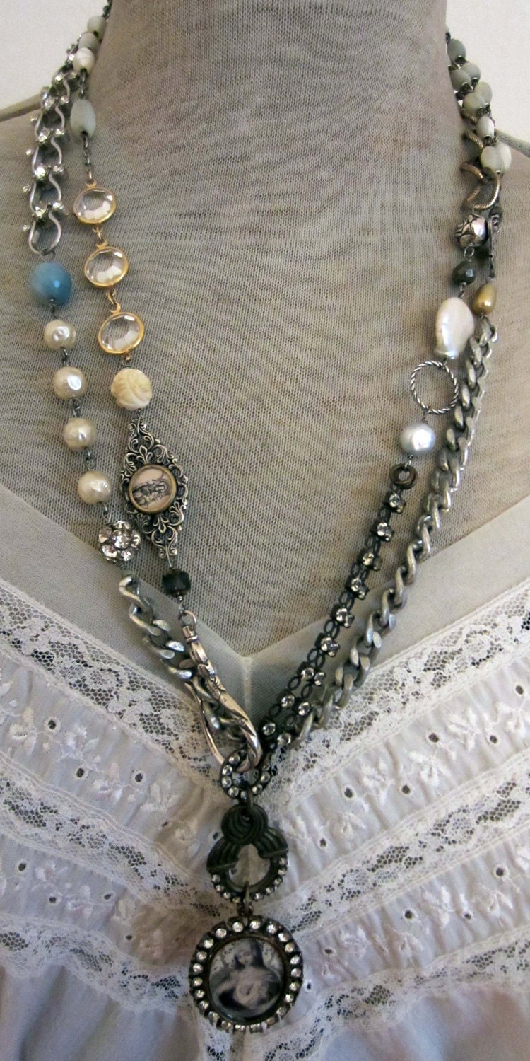 RESERVED for B.R. - a loving heart - vintage assemblage triple wrap necklace with mother of pearl rosaries by the french circus