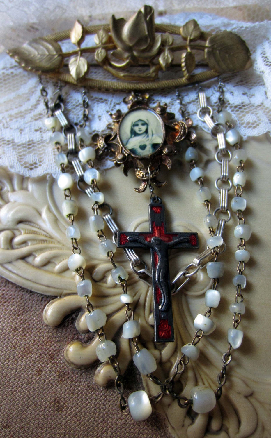 RESERVED for Shireen - sacred rose - vintage assemblage brooch with prayer card pendant and mother of pearl rosary by the french circus
