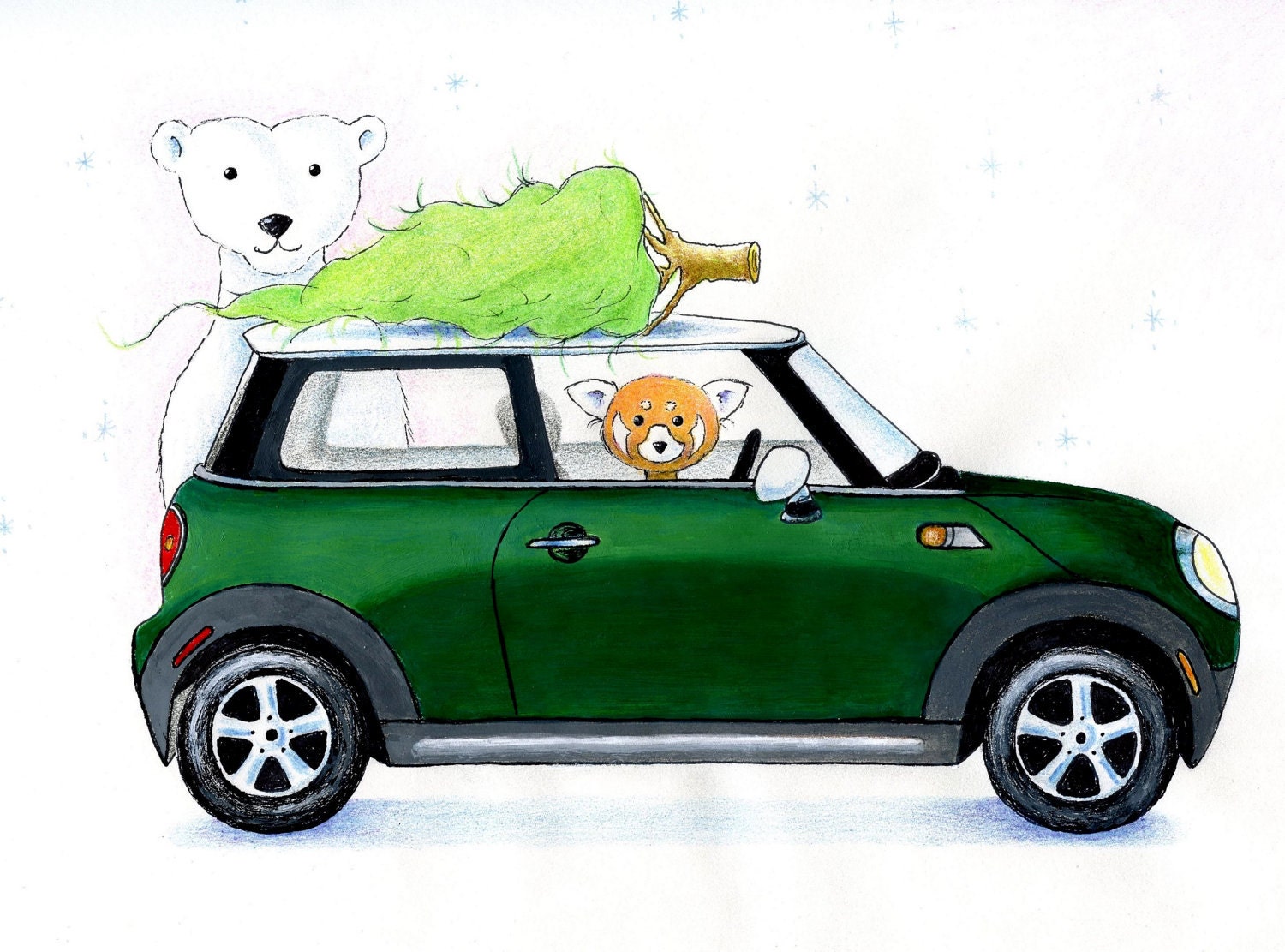 Walter and Jack Come Home with the Christmas Tree in a Mini Cooper 8 x 10 inch Print by SBMathieu