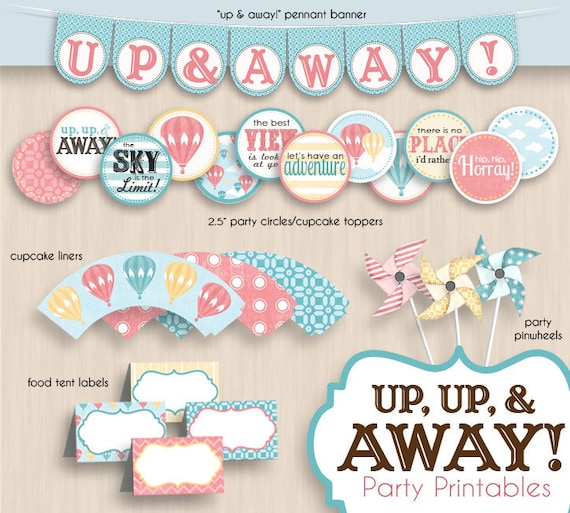 HOT AIR BALLOON Baby Shower Printable Package in Coral- Instant Download