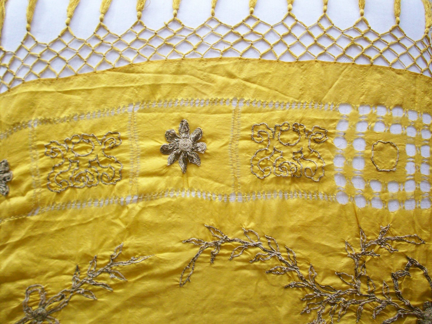 Large golden ethnic antique scarf with metal silver embroidery