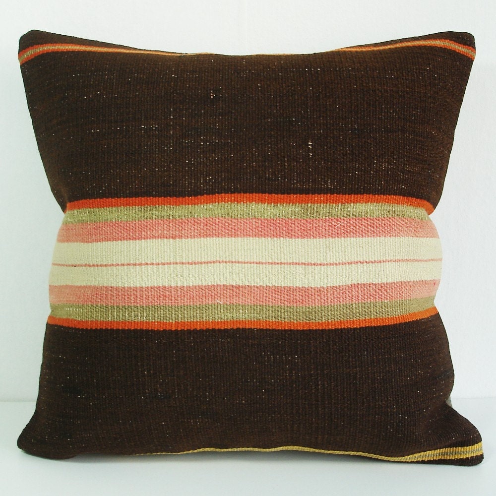 Sukan / Hand Woven - Turkish Striped Kilim Pillow Cover - 16x16