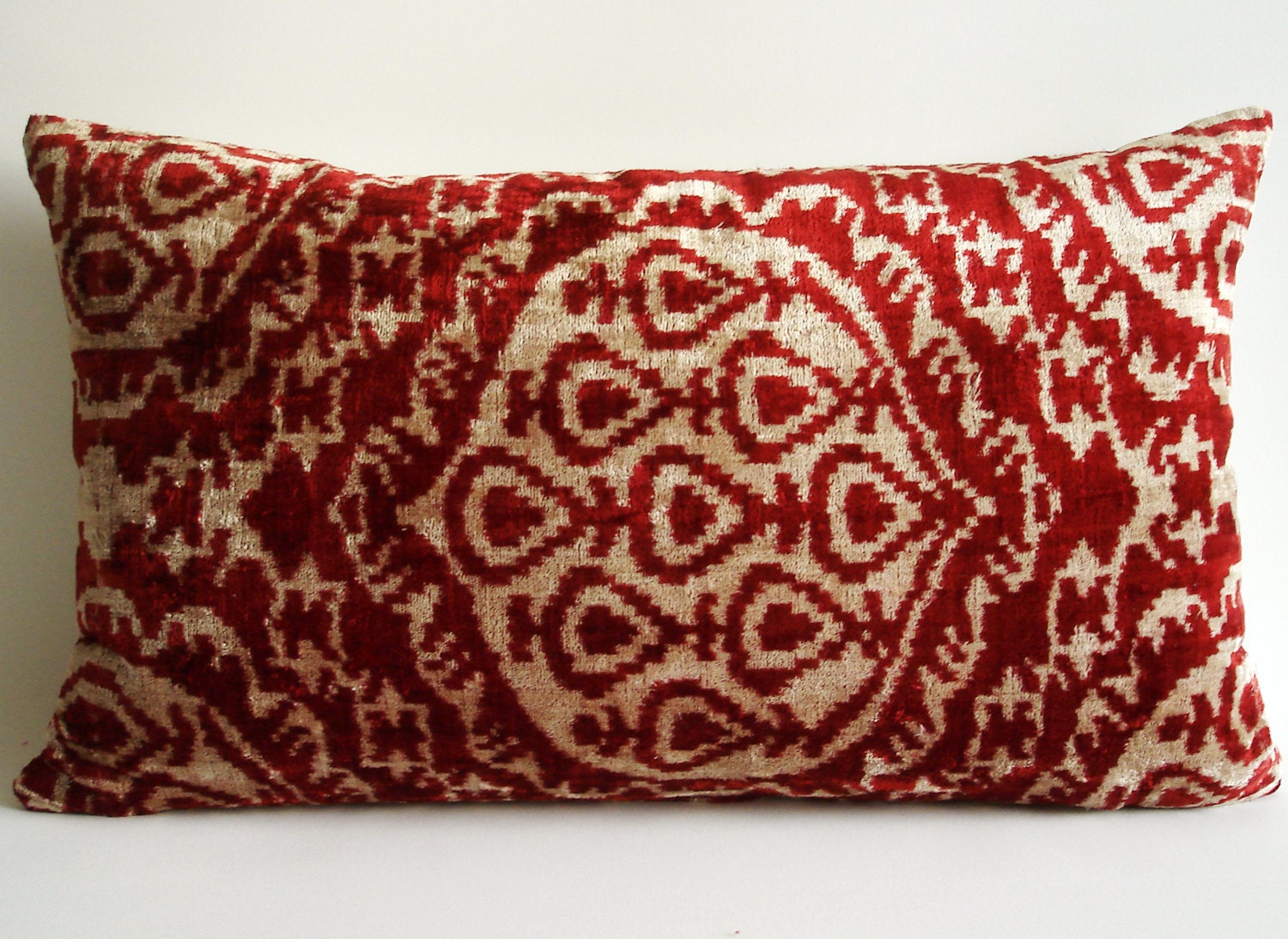 Sukan / SALE - Soft Hand Woven - Silk Velvet Ikat Pillow Cover - 14x24 inch - White, Beige, Dirty White, Dark Red, Dirty Red, Burgundy Color