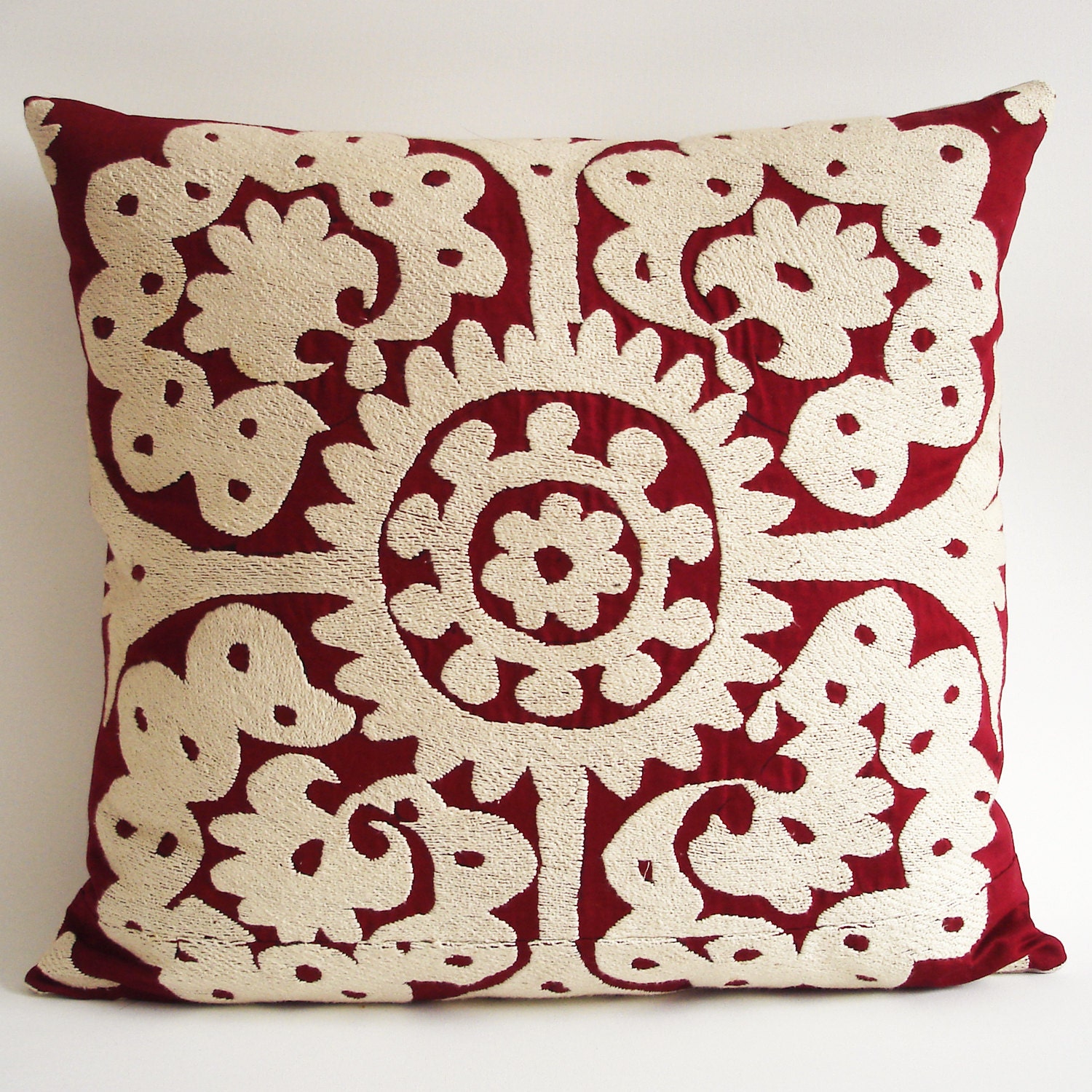 Sukan / Floral Hand Embroidered Vintage Suzani Pillow Cover, 20x20 inch, Red, Dark Red, White  Color
