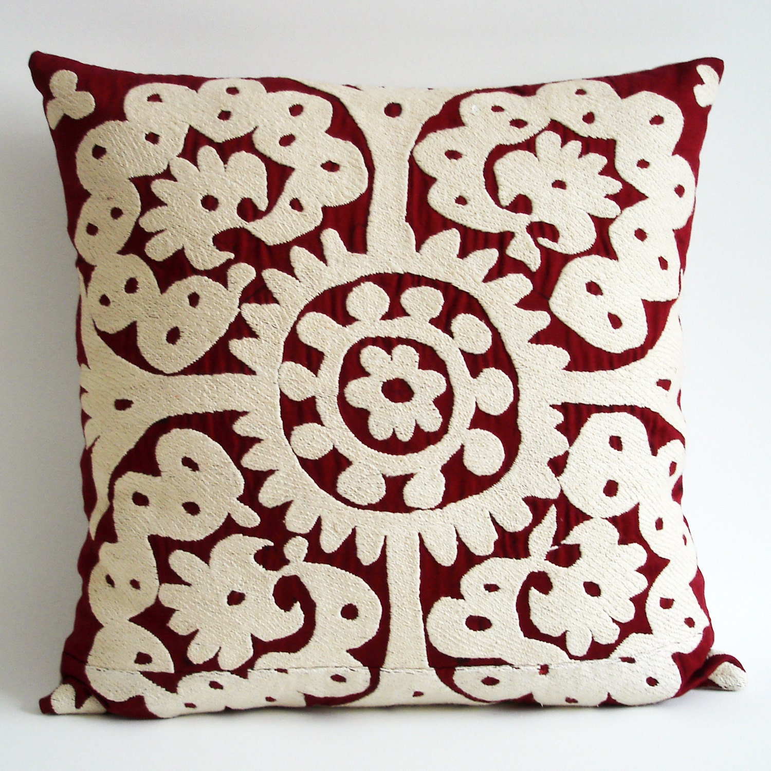 Sukan / Floral Hand Embroidered Vintage Suzani Pillow Cover, 20x20 inch, Red, Dark Red, White  Color