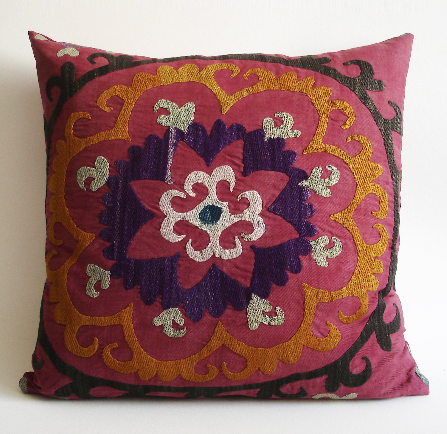 Sukan / Vintage Hand Embroidered Silk Suzani Pillow Cover - 19x19 inch Purple, Yellow, Soft Green, Egg Yellow, Beige, Black, Dirty Red Color