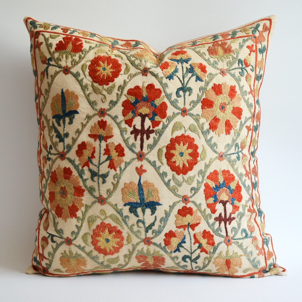 Sukan / Vintage Hand Embroidered Silk Suzani Pillow, Organic Modern Bohemian Throw Pillow.