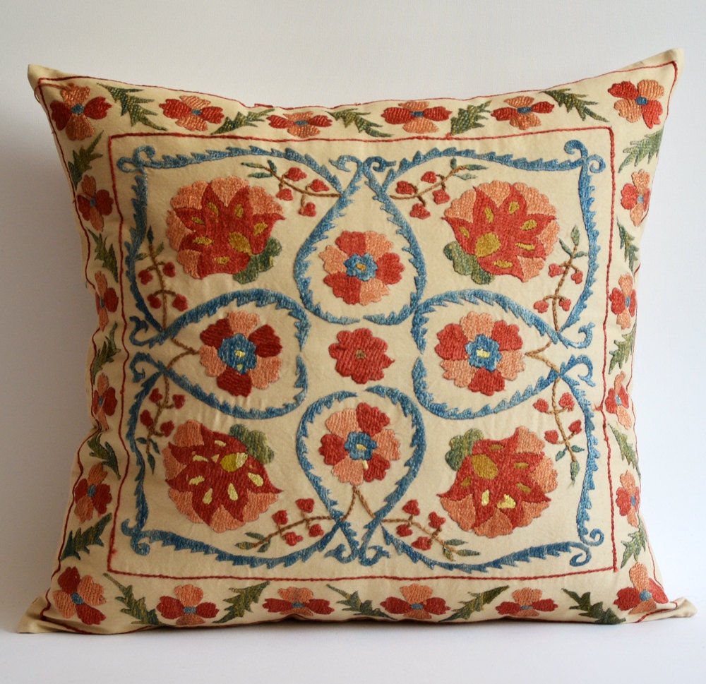 Sukan / Vintage Hand Embroidered Silk Suzani Pillow, Organic Modern Bohemian Throw Pillow.