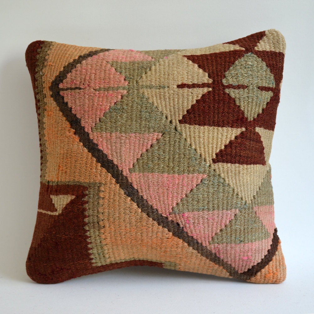 Sukan / Hand Woven Vintage Turkish Kilim Pillow Cover, Decorative Pillows, Accent Pillow, Throw Pillow,  16x16 inch