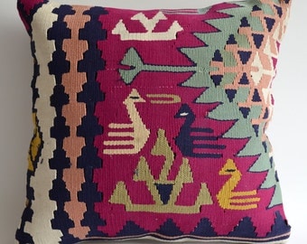 Sukan / Modern Bohemian Throw Pillow. Handwoven Wool Vintage Tribal Turkish Kilim Pillow Cover. 16x16 inch