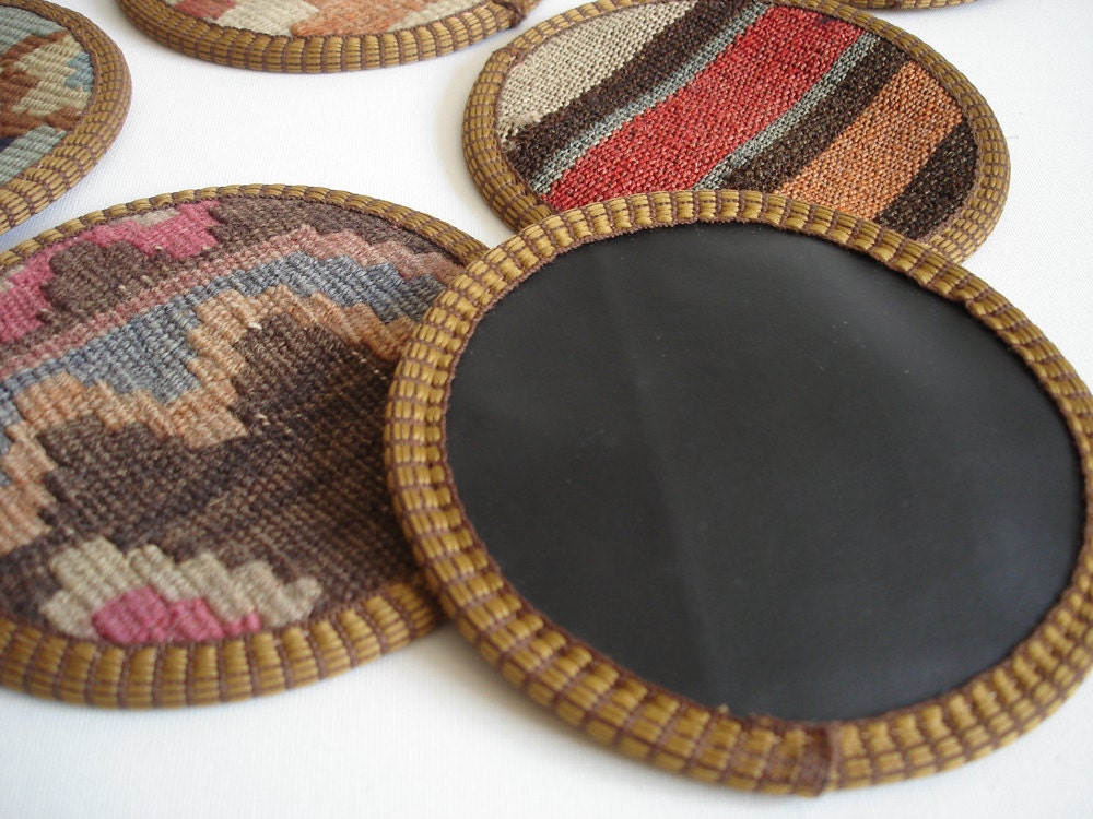 Sukan / Hand Woven - Turkish Antique Kilim Cups Coasters - 6 pcs