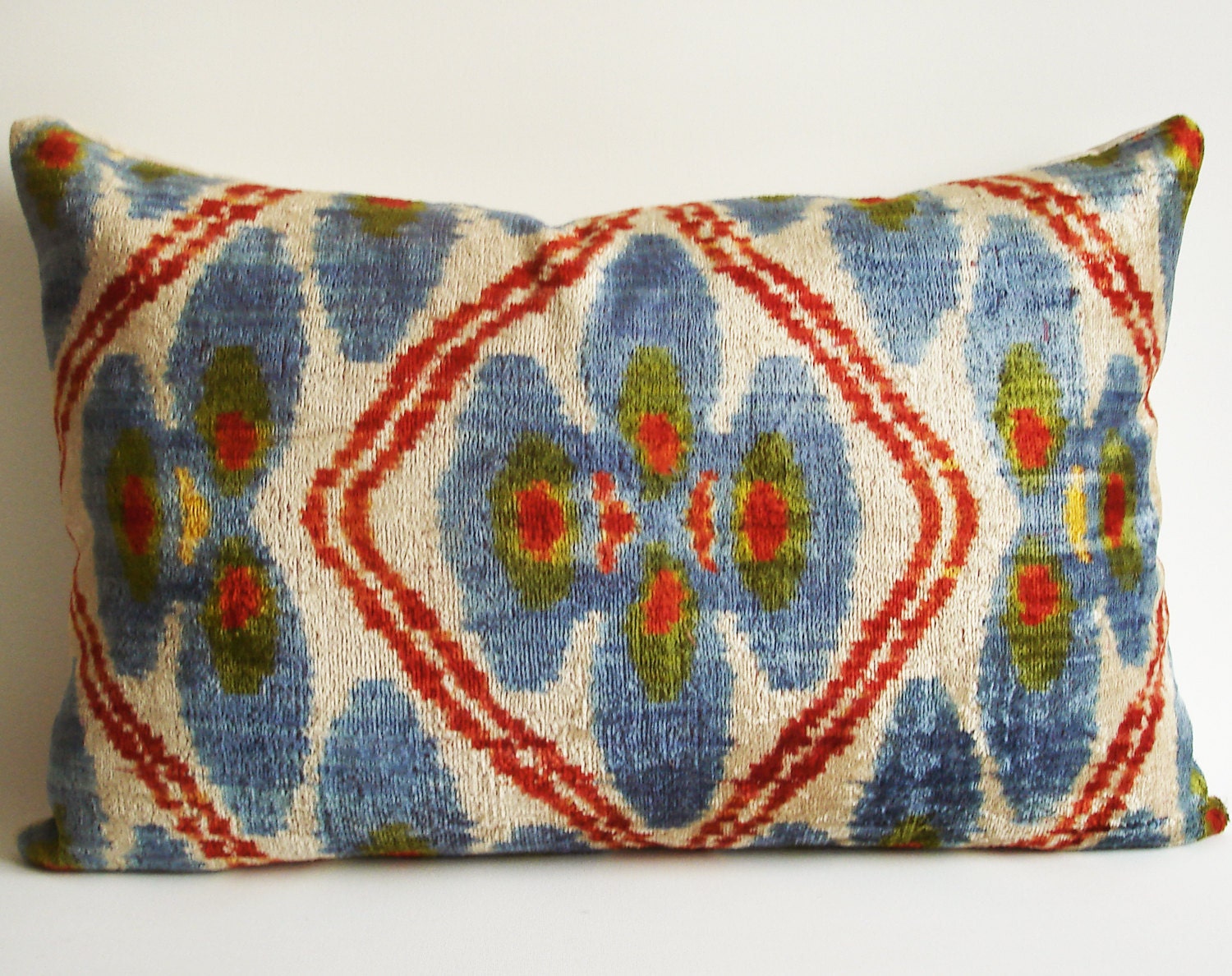 Sukan / SALE - Soft Hand Woven - Silk Velvet Ikat Pillow Cover - 16x24 inch - Beige, Dirty White, Green, Blue, Orange, Yellow Color
