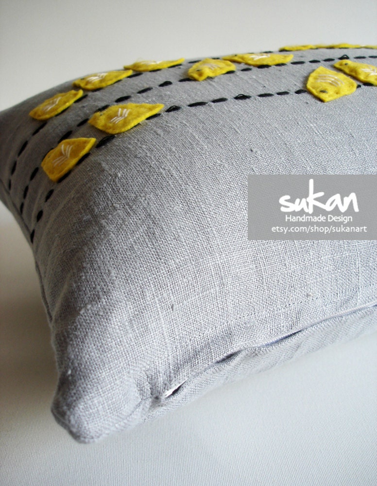 Sukan / Love Birds Linen Pillow Cover Gray Yellow - lumbar pillow cover -  Yellow, Gray, White