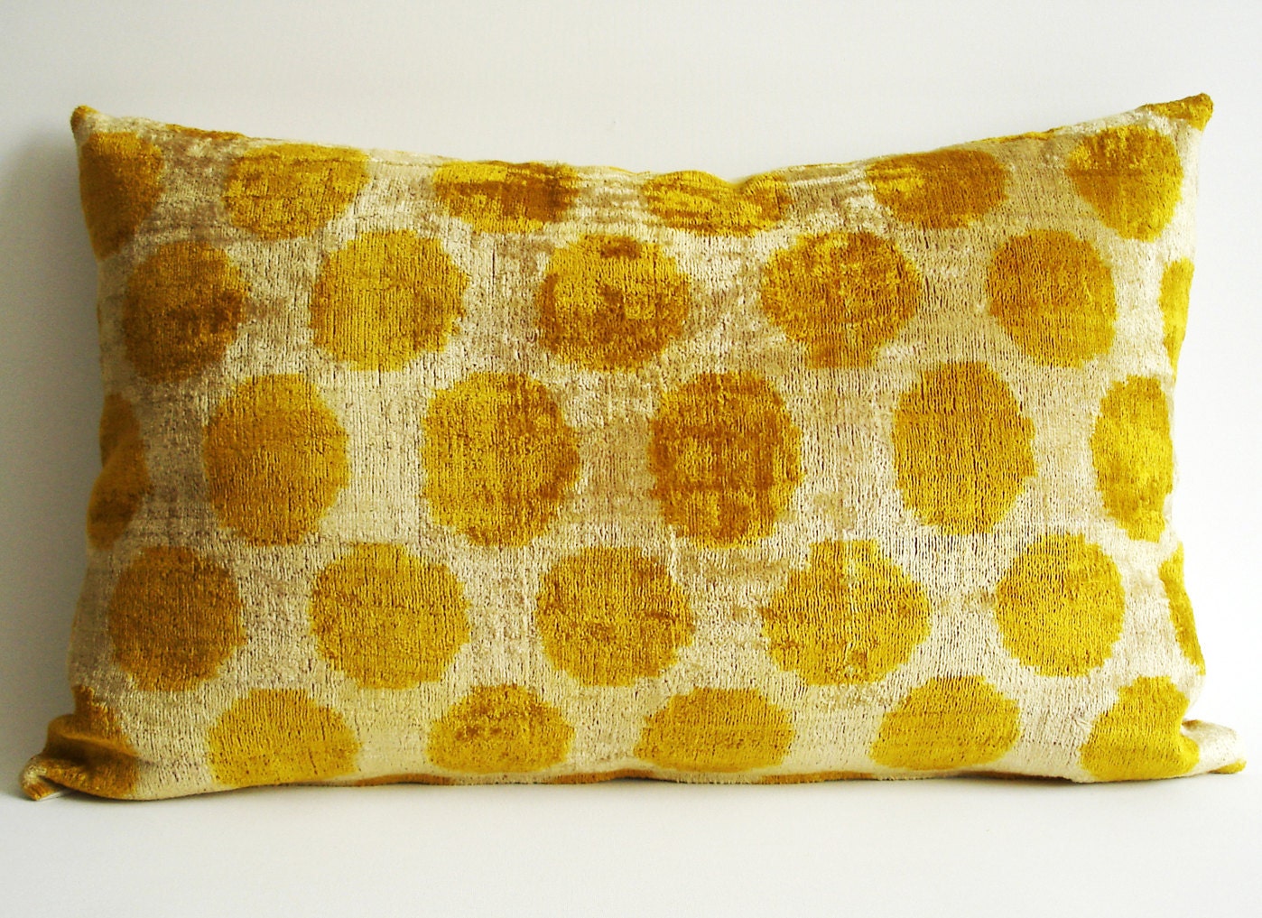 Sukan / SALE, Handmade Silk Velvet Ikat Lumbar Pillow Cover Yellow Beige - lumbar pillows - throw pillow cover - decorative pillow cover