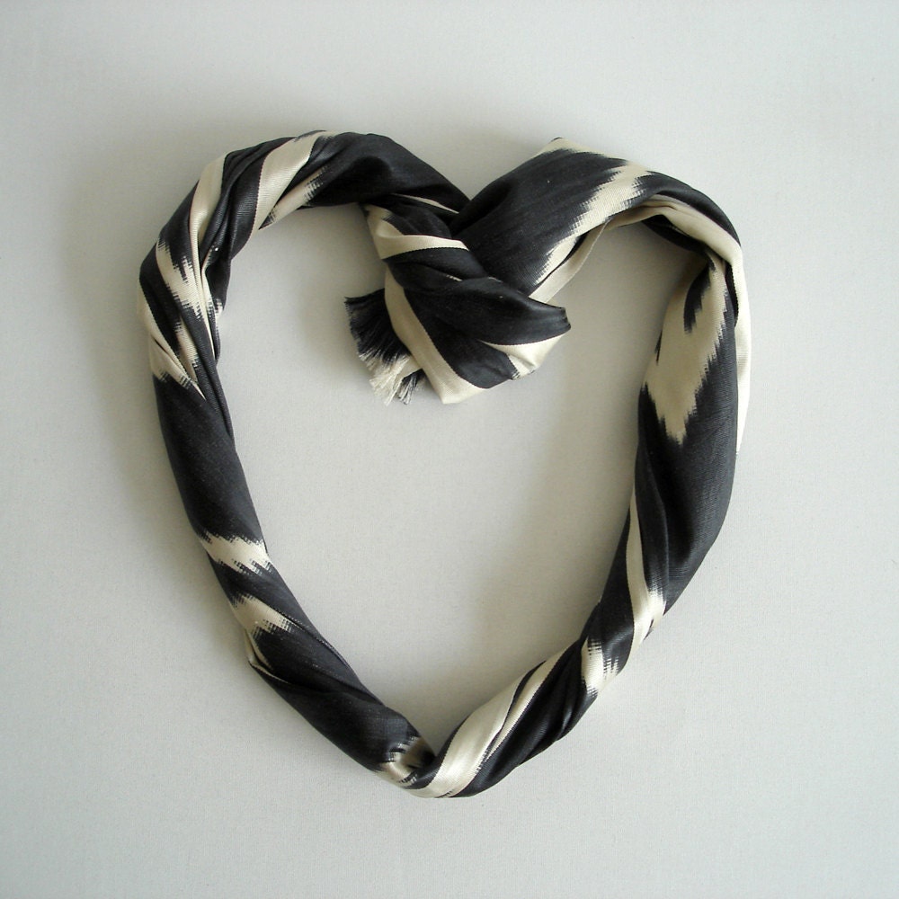 Sukan /  Handwoven ikat Silk Scarf, ikat scarf, Ikat Scarves, Ikat Shawl, Modern, Bohemian, Organic,Gray, Dark Gray, Beige Color