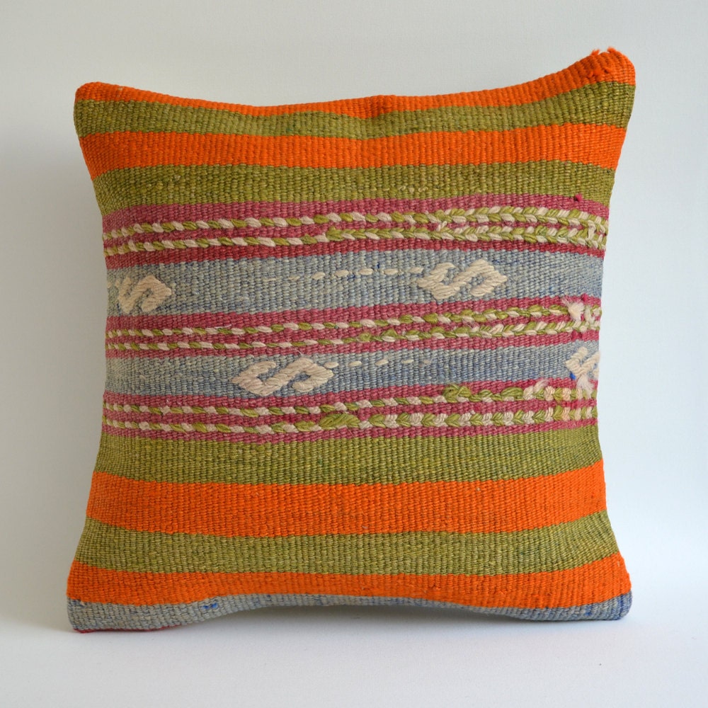 Sukan / Organic Modern Bohemian Throw Pillow. Handwoven Wool Vintage Tribal Turkish Kilim Striped Pillow Cover. 16x16 inch