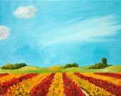 Oil painting Dutch Landscape Tulipfields in red and yellow in the Netherlands