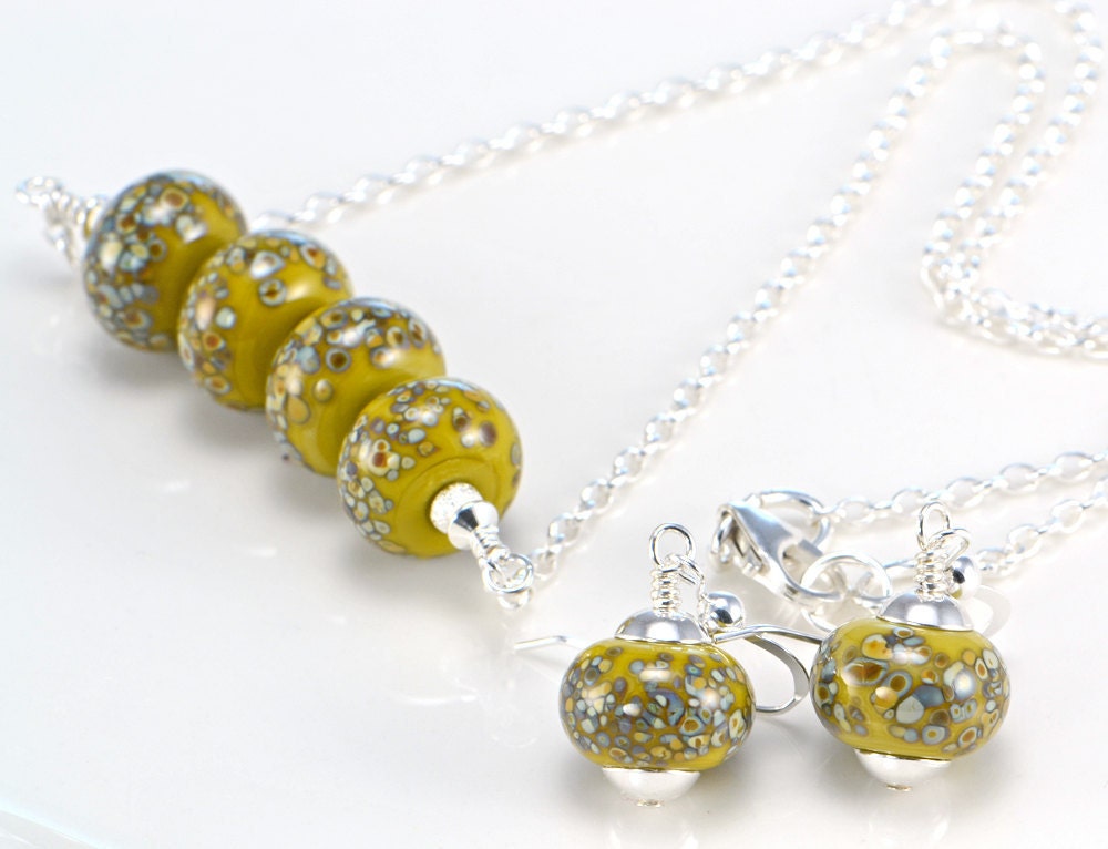 Wasabi Raku Lampwork and Sterling Silver Necklace and Earrings Set