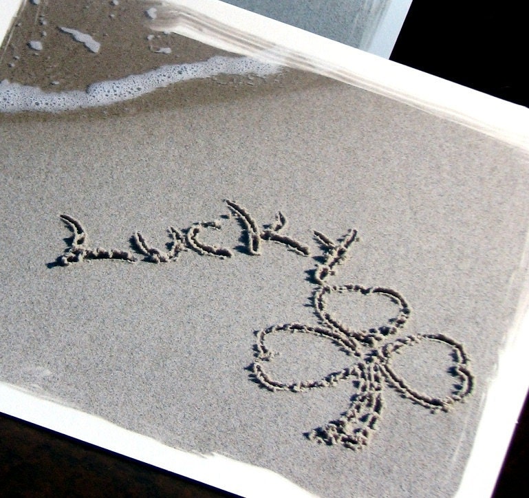 St. Patricks Day Beach Theme LUCKY Shamrock Note Cards set of 4- upbeat word written in sand