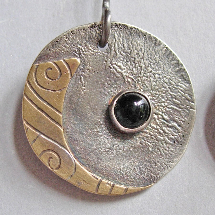 Round Silver and Brass Disc with Black Onyx Earrings