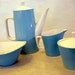 Primastone Ironstone Tea Pot Creamer Sugar Set light blue midcentury modern 4 pieces