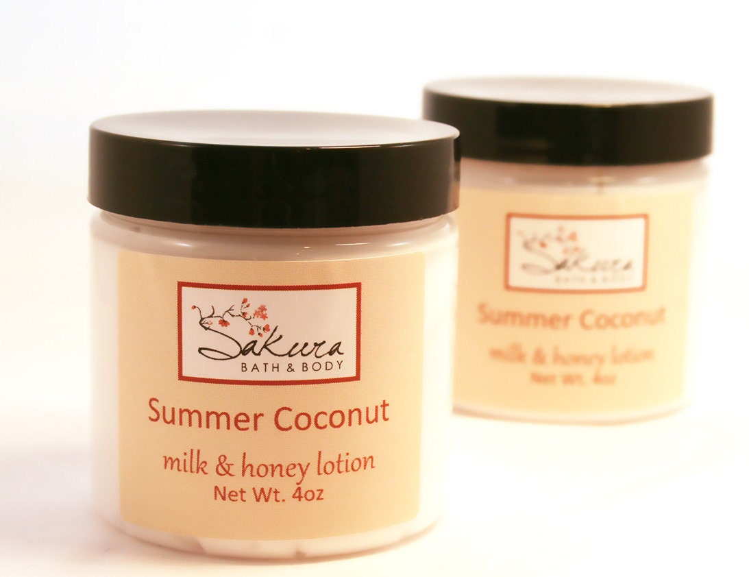Summer Coconut Creamy Milk  and Honey Lotion with Shea Butter - Handmade Body Cream