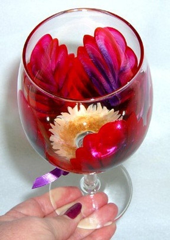 Red and Purple Iris Wine Glass Hand Painted
