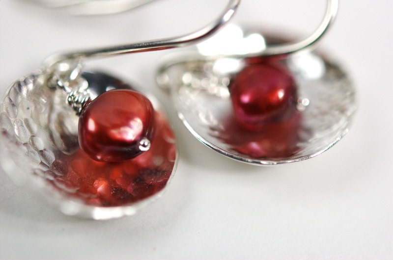 Caldera Series: Hammered Sterling Silver with Oxblood Red Freshwater Pearls - made to order