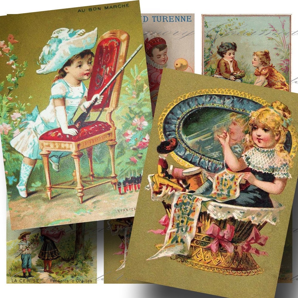 French Victorian Children Chromolithographs (3) - ATC Digital Collage Sheet - Buy 3 sheets and get 4th FREE - Printable Download