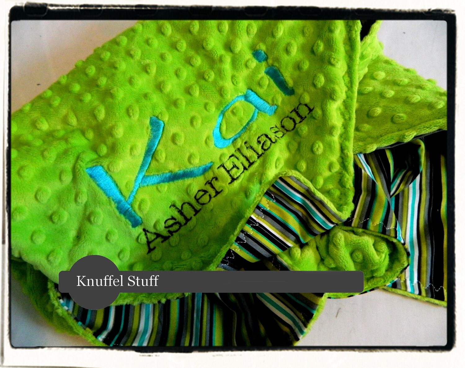 Minky Blanket - Personalized baby blanket - Lime minky dot and stripes cotton- 30x36"