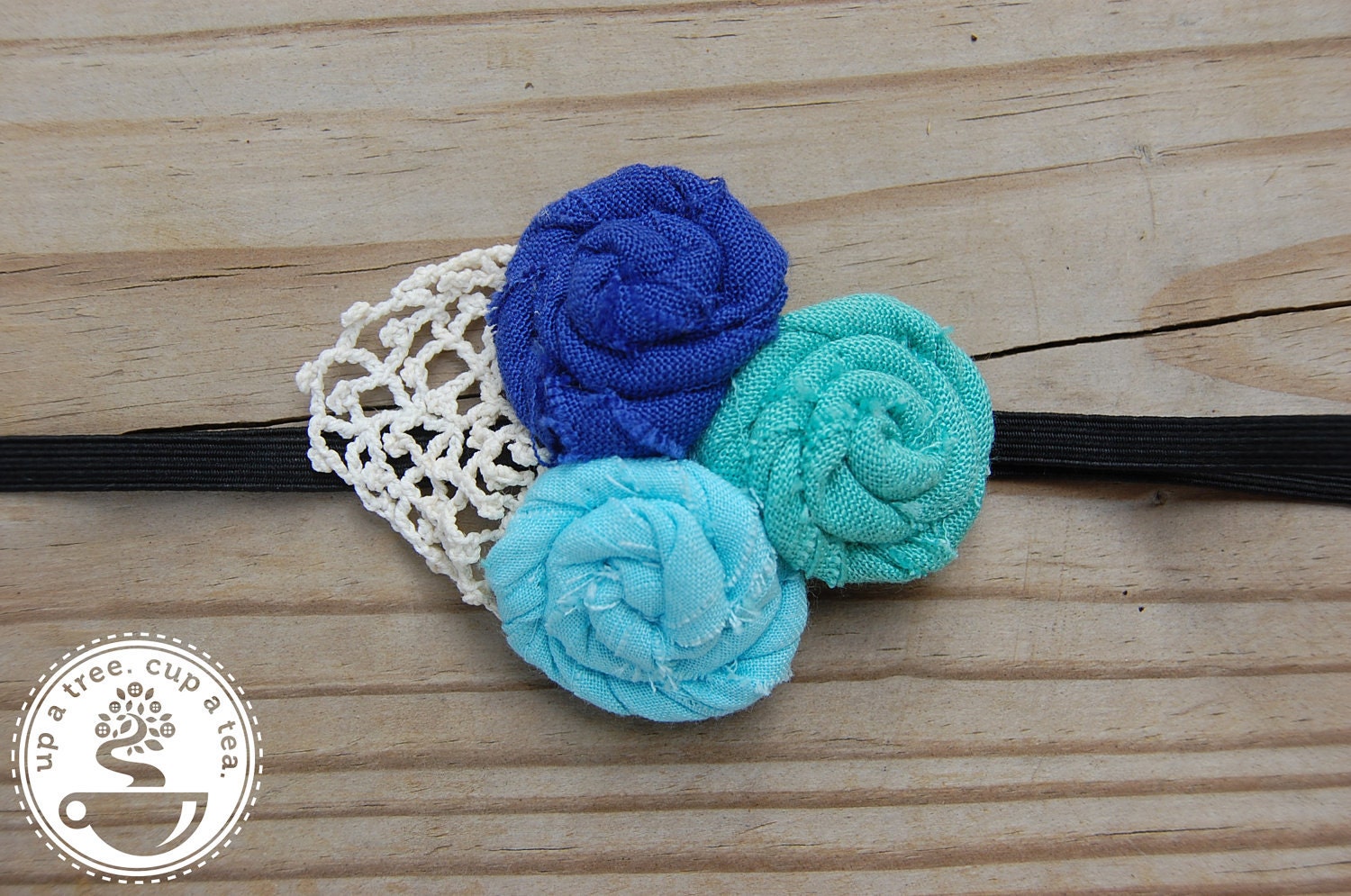 Belle - Royal, Mint, and Aqua Fabric Tri-Rosette Headband with Vintage Lace