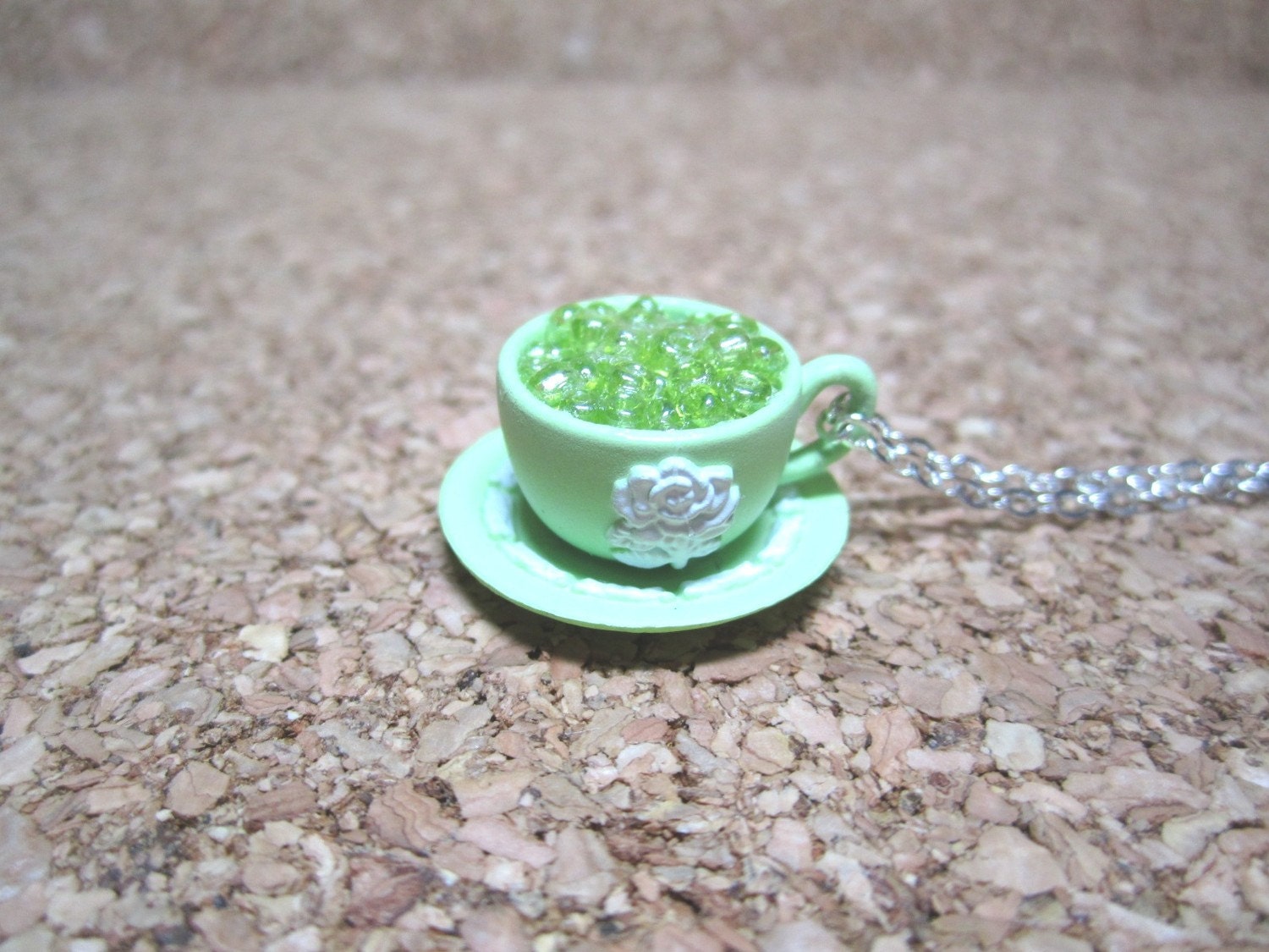 Let's Have a Tea Party - Dollhouse Miniature European Style Antique Wedgwood Teacup with Lime Green Seed Beads Necklace Gift Set - 126