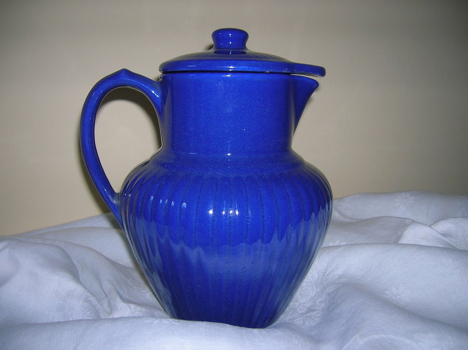 Vintage Cobalt Blue Pottery Pitcher Water Jug by cottagewhimsies