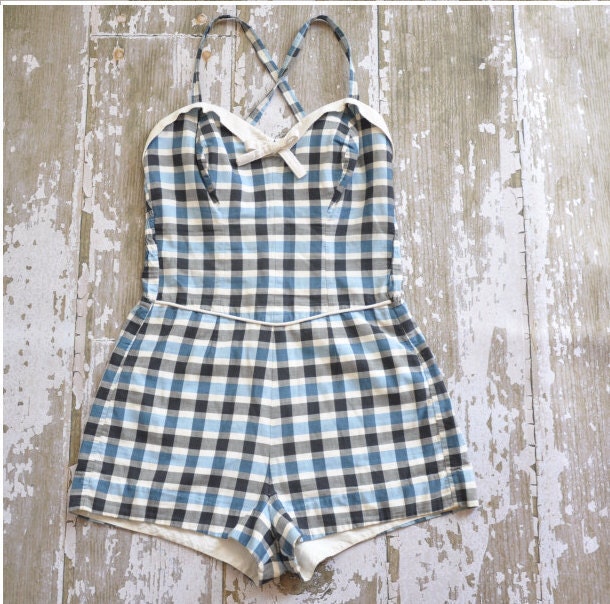 vintage 1950s designer Cole plaid cotton swimsuit romper