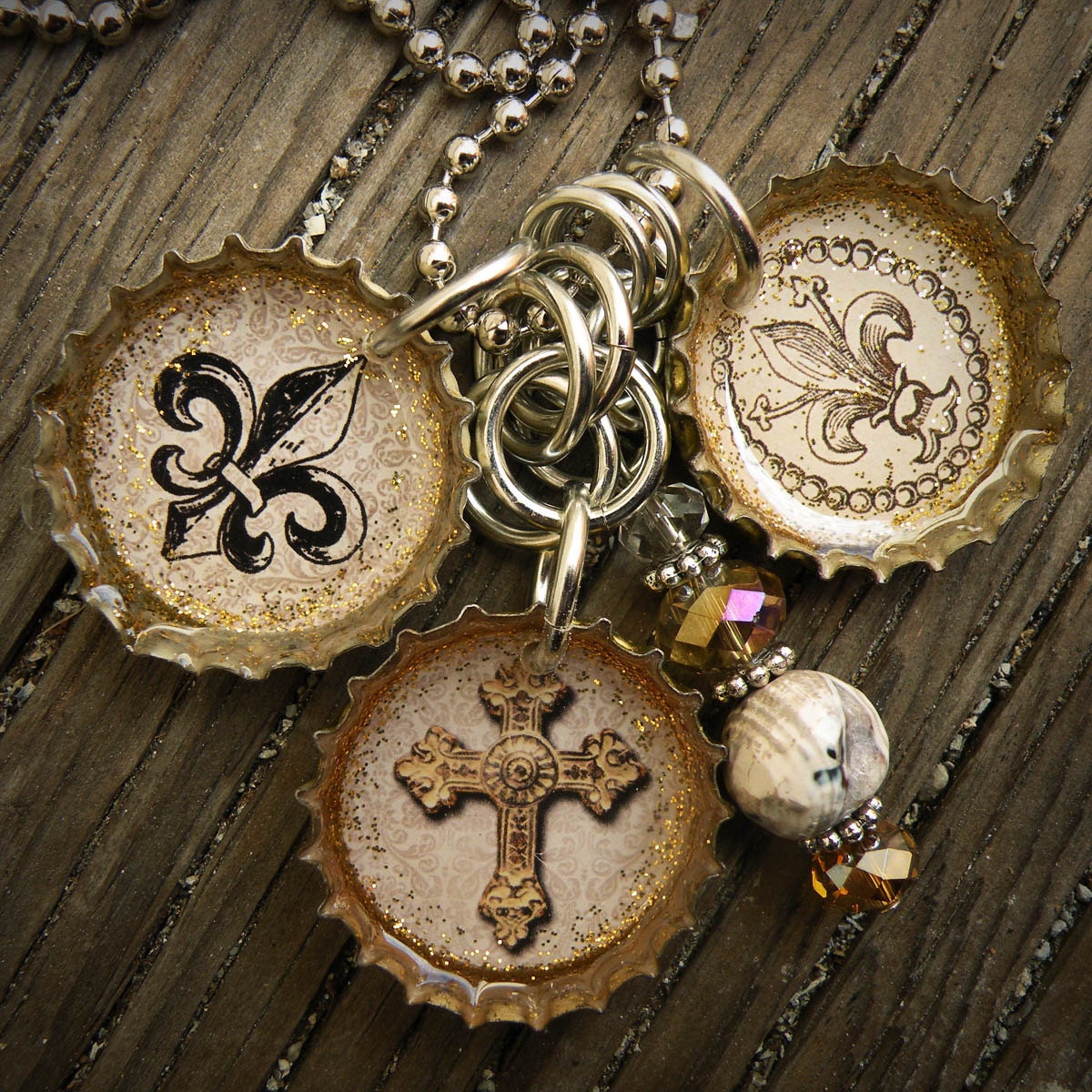 Fleur De Lis and Cross Bottle Cap Necklace