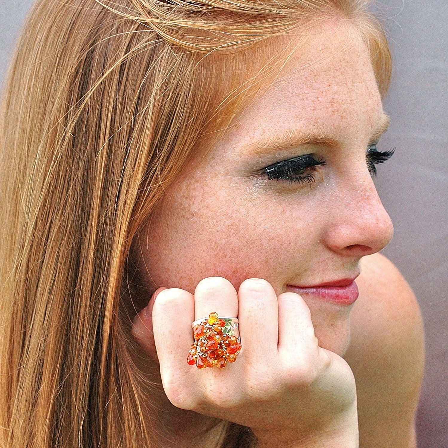 Fire Corundum Quartz Cluster Ring