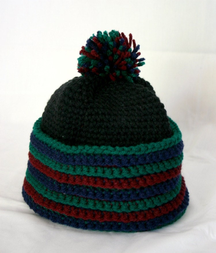 Black winter hat crocheted with or without pom-pom women red blue green jewel toned adult warm head covering