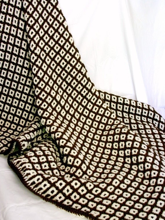 Brown and cream blanket afghan crochet geometric squares throw chocolate off white neutral coffee 50s style home decor