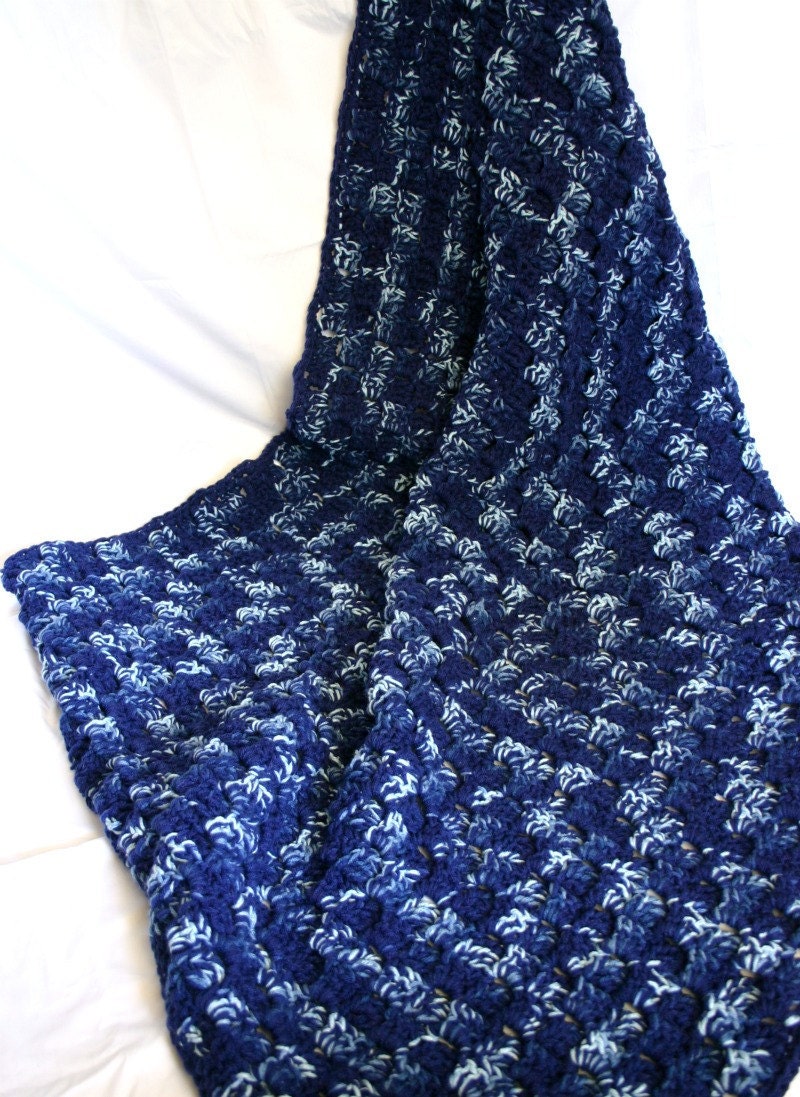 Dark blue afghan crocheted blanket navy variegated flecked double stranded throw quilt block stitch functional winter home decor