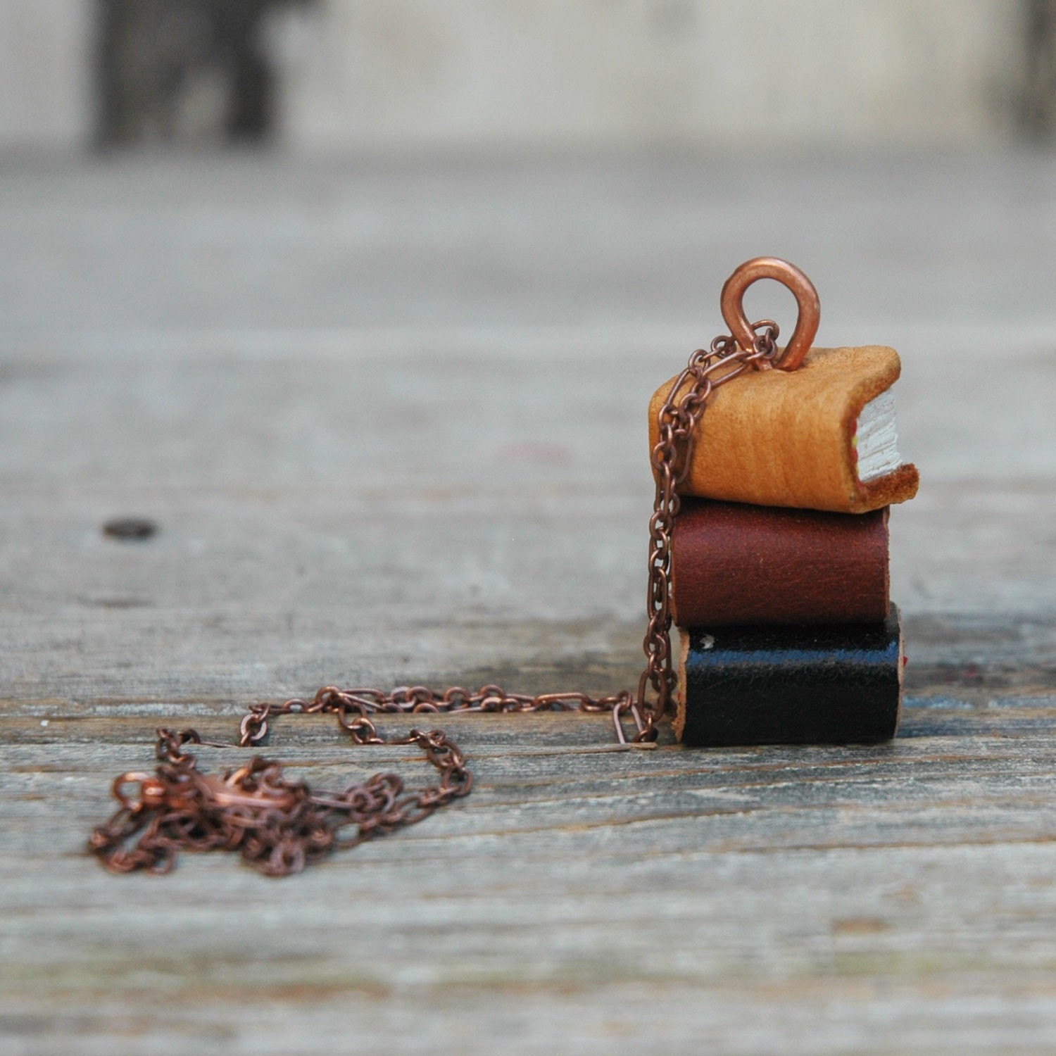 Stacks Book Necklace: Autumn Trio, reclaimed leather, copper.