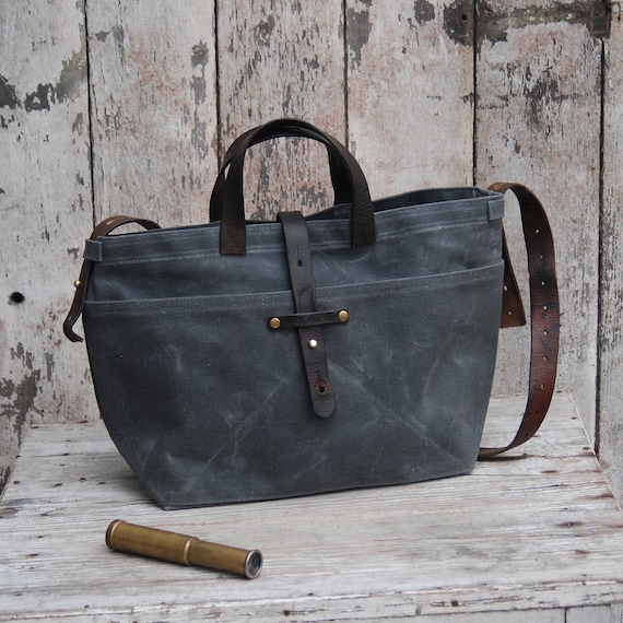 Waxed Canvas Tote: Slate, antique military leather, antique fabric pocket.