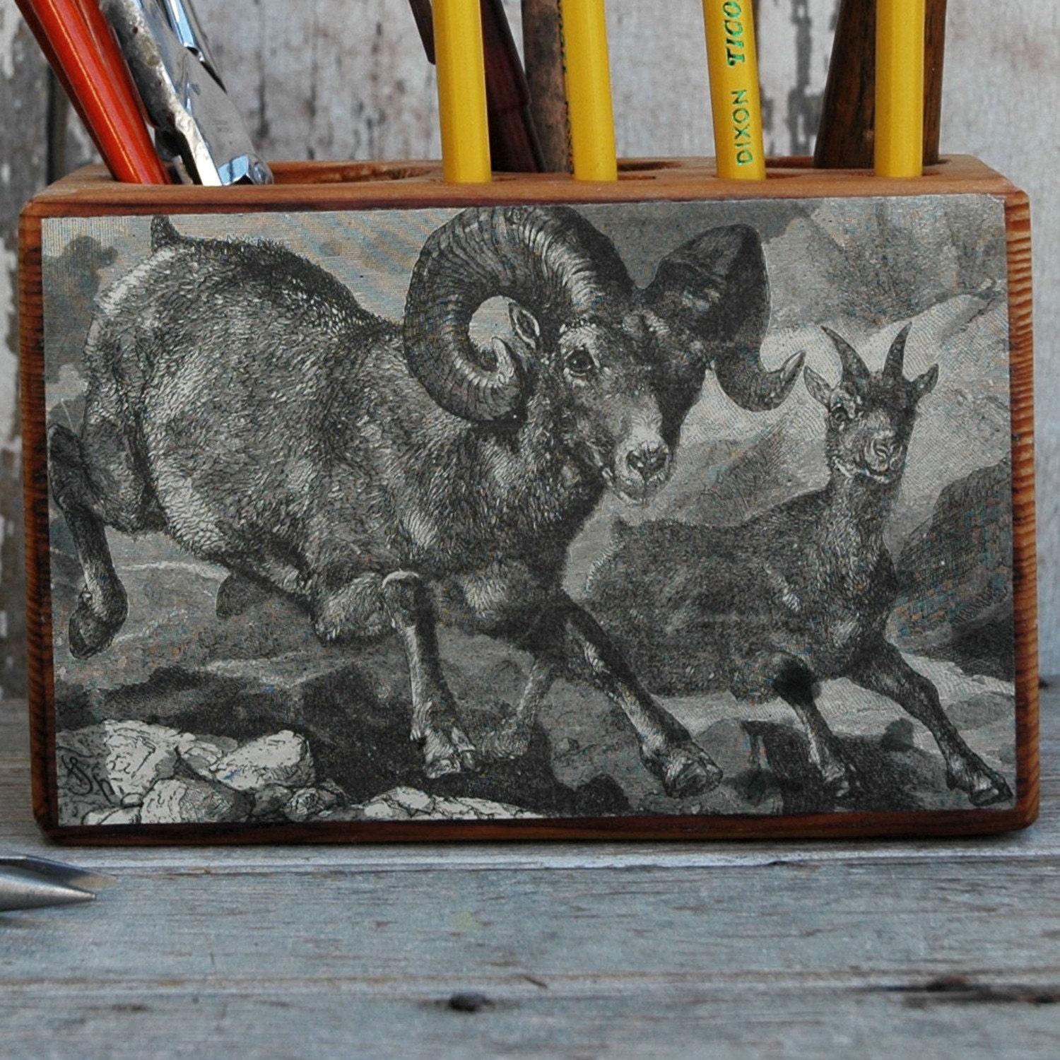 Ram mama and baby - medium sized desk caddy from reclaimed pine and paper - 1800s